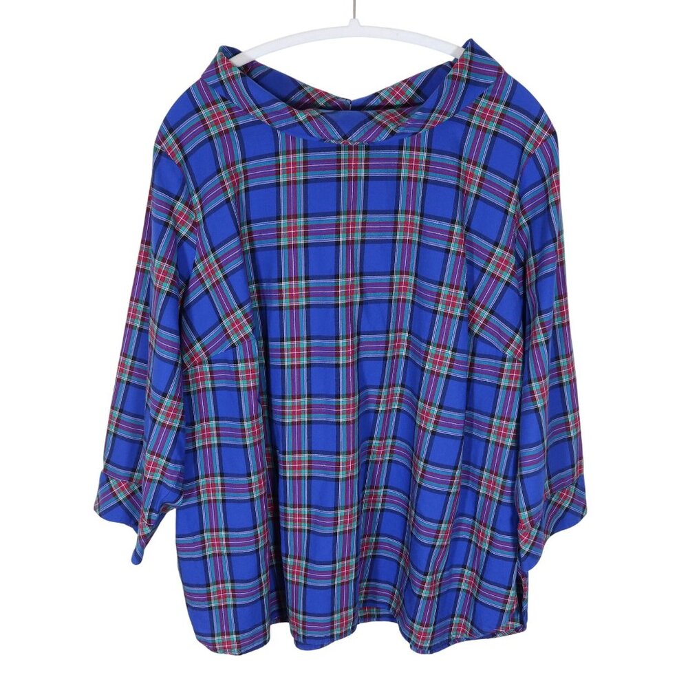 TALBOTS Foldover Collar Plaid Pullover Top Blouse Size 2X Blue Red Cotton Preppy